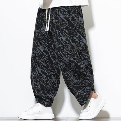 Buddha Stones Fall Textured Lines Print Cotton Elastic Waist Ankle-Length Men's Harem Pants With Pockets