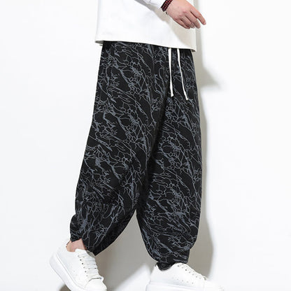 Buddha Stones Fall Textured Lines Print Cotton Elastic Waist Ankle-Length Men's Harem Pants With Pockets