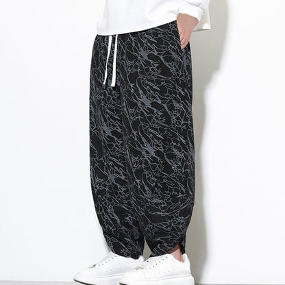 Buddha Stones Fall Textured Lines Print Cotton Elastic Waist Ankle-Length Men's Harem Pants With Pockets