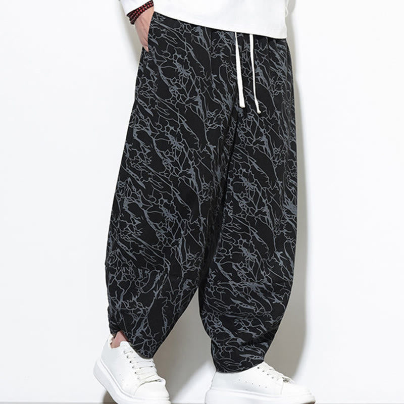 Buddha Stones Fall Textured Lines Print Cotton Elastic Waist Ankle-Length Men's Harem Pants With Pockets
