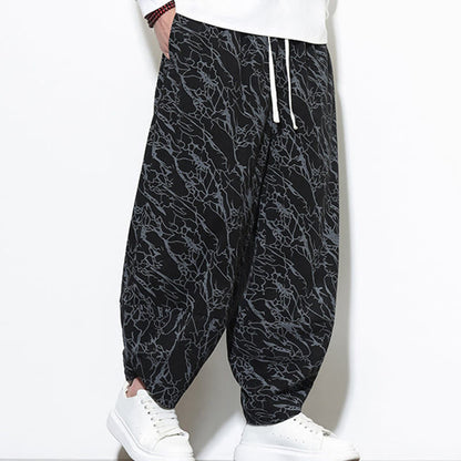 Buddha Stones Fall Textured Lines Print Cotton Elastic Waist Ankle-Length Men's Harem Pants With Pockets