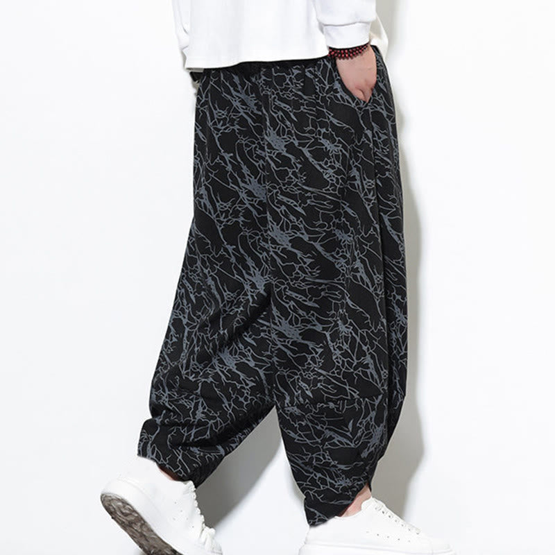 Buddha Stones Fall Textured Lines Print Cotton Elastic Waist Ankle-Length Men's Harem Pants With Pockets