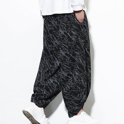 Buddha Stones Fall Textured Lines Print Cotton Elastic Waist Ankle-Length Men's Harem Pants With Pockets