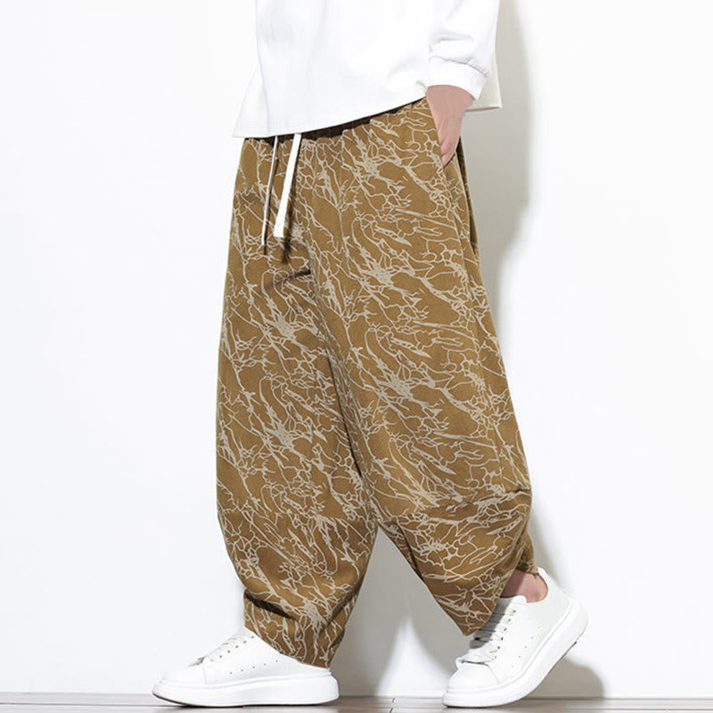 Buddha Stones Fall Textured Lines Print Cotton Elastic Waist Ankle-Length Men's Harem Pants With Pockets