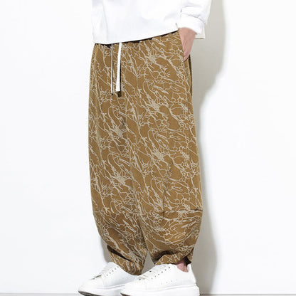 Buddha Stones Fall Textured Lines Print Cotton Elastic Waist Ankle-Length Men's Harem Pants With Pockets