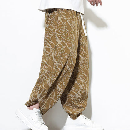 Buddha Stones Fall Textured Lines Print Cotton Elastic Waist Ankle-Length Men's Harem Pants With Pockets