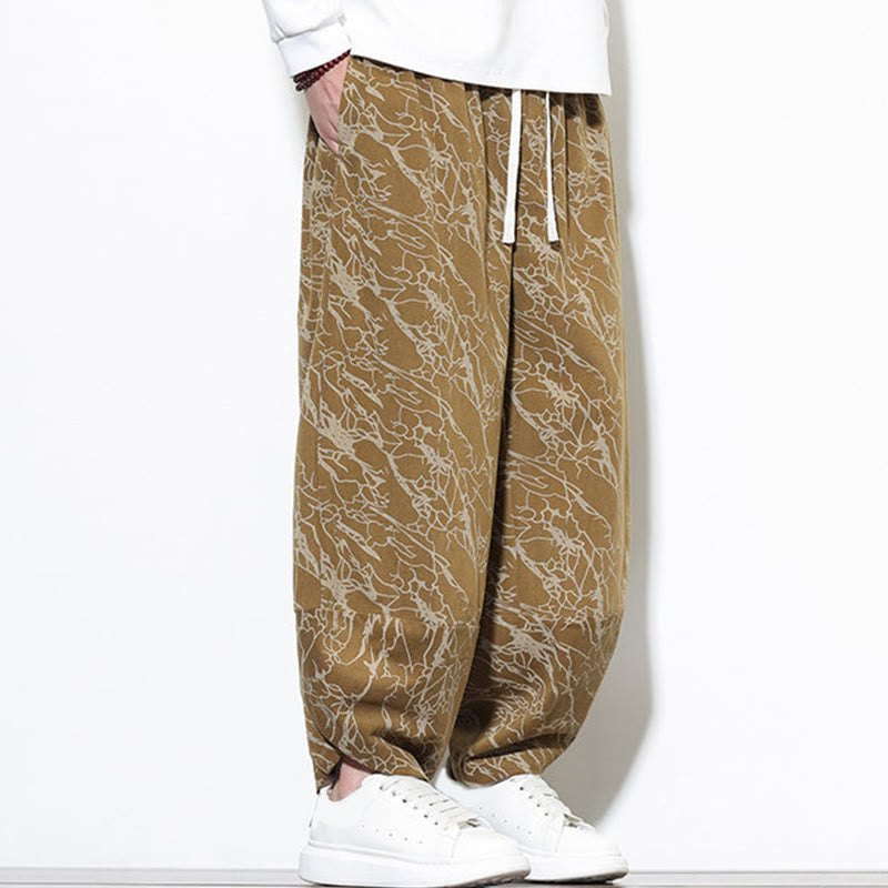 Buddha Stones Fall Textured Lines Print Cotton Elastic Waist Ankle-Length Men's Harem Pants With Pockets