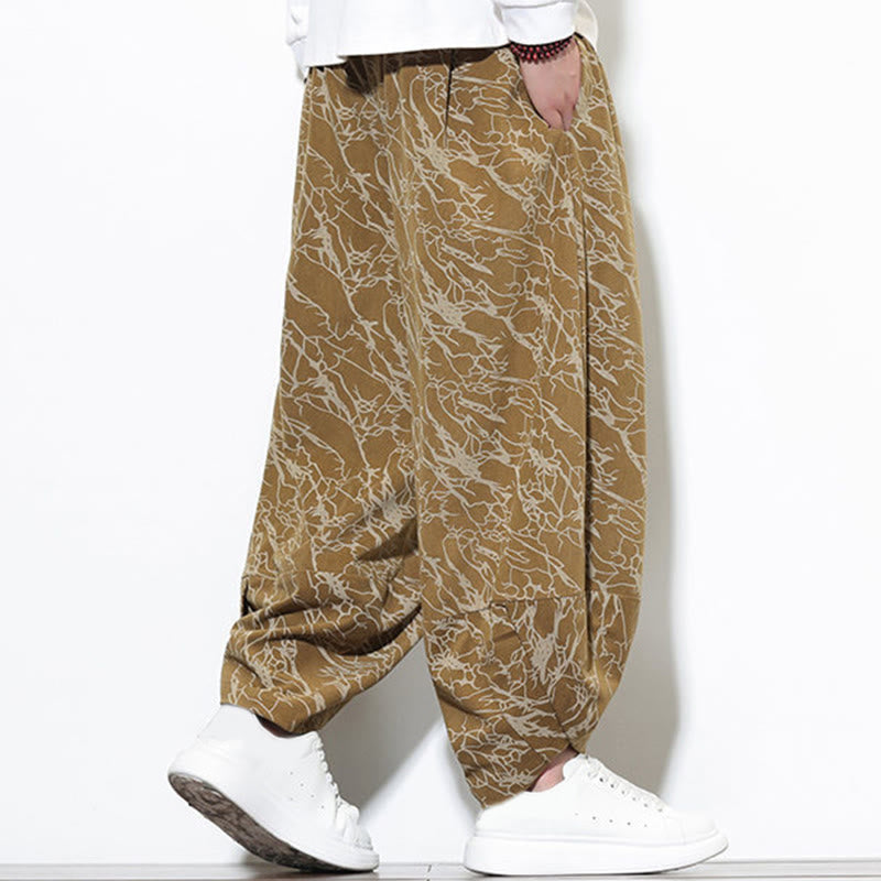 Buddha Stones Fall Textured Lines Print Cotton Elastic Waist Ankle-Length Men's Harem Pants With Pockets