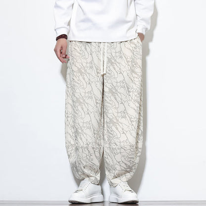 Buddha Stones Fall Textured Lines Print Cotton Elastic Waist Ankle-Length Men's Harem Pants With Pockets