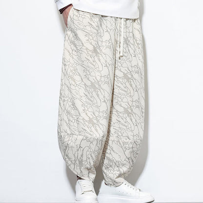 Buddha Stones Fall Textured Lines Print Cotton Elastic Waist Ankle-Length Men's Harem Pants With Pockets