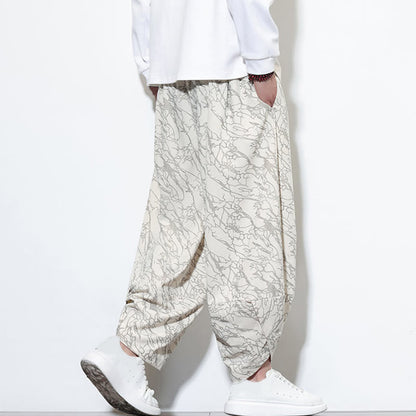Buddha Stones Fall Textured Lines Print Cotton Elastic Waist Ankle-Length Men's Harem Pants With Pockets