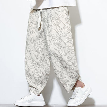 Buddha Stones Fall Textured Lines Print Cotton Elastic Waist Ankle-Length Men's Harem Pants With Pockets