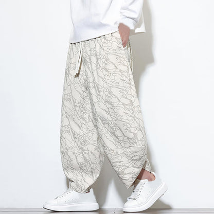 Buddha Stones Fall Textured Lines Print Cotton Elastic Waist Ankle-Length Men's Harem Pants With Pockets