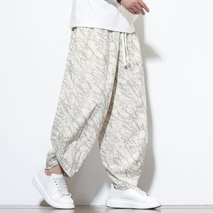Buddha Stones Fall Textured Lines Print Cotton Elastic Waist Ankle-Length Men's Harem Pants With Pockets