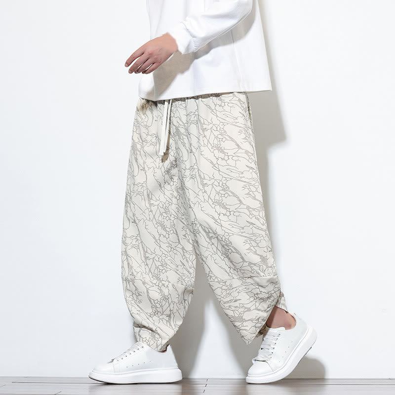 Buddha Stones Fall Textured Lines Print Cotton Elastic Waist Ankle-Length Men's Harem Pants With Pockets