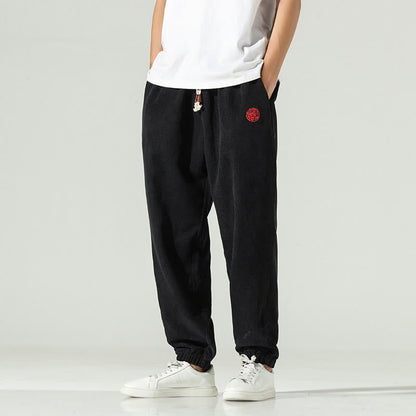 Buddha Stones Fall Plain Corduroy Embroidery Design Men's Harem Pants With Pockets