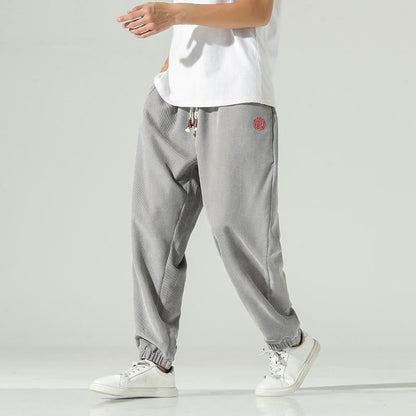 Buddha Stones Fall Plain Corduroy Embroidery Design Men's Harem Pants With Pockets