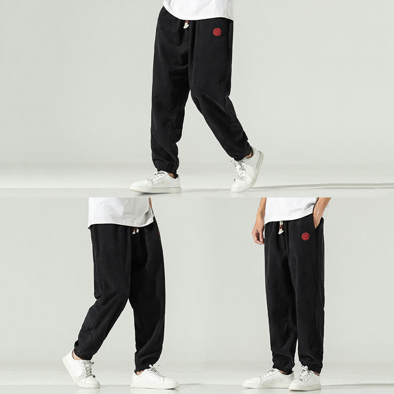 Buddha Stones Fall Plain Corduroy Embroidery Design Men's Harem Pants With Pockets