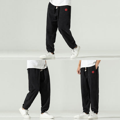 Buddha Stones Fall Plain Corduroy Embroidery Design Men's Harem Pants With Pockets