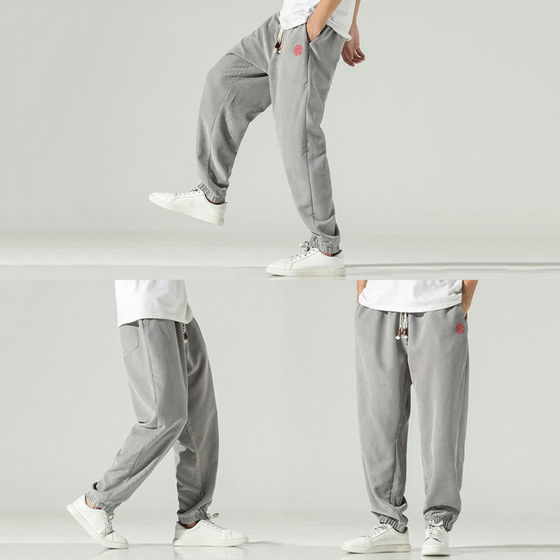 Buddha Stones Fall Plain Corduroy Embroidery Design Men's Harem Pants With Pockets