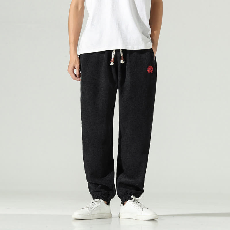 Buddha Stones Fall Plain Corduroy Embroidery Design Men's Harem Pants With Pockets