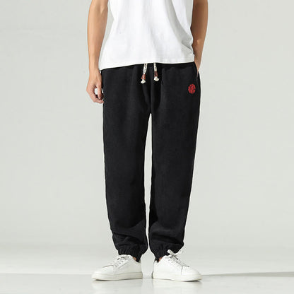 Buddha Stones Fall Plain Corduroy Embroidery Design Men's Harem Pants With Pockets