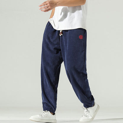 Buddha Stones Fall Plain Corduroy Embroidery Design Men's Harem Pants With Pockets