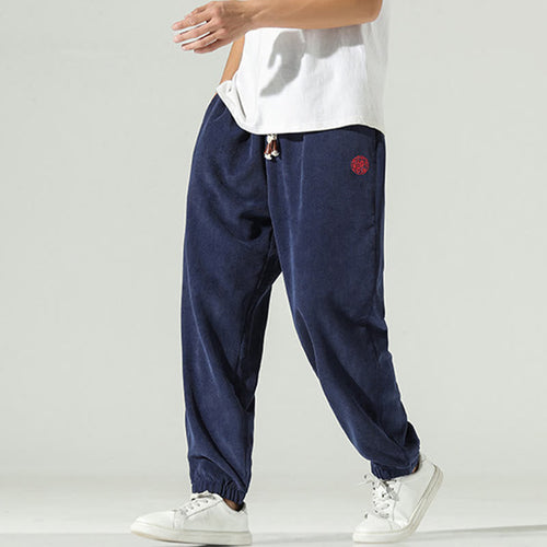Buddha Stones Fall Plain Corduroy Embroidery Design Men's Harem Pants With Pockets