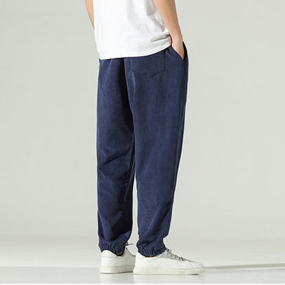 Buddha Stones Fall Plain Corduroy Embroidery Design Men's Harem Pants With Pockets