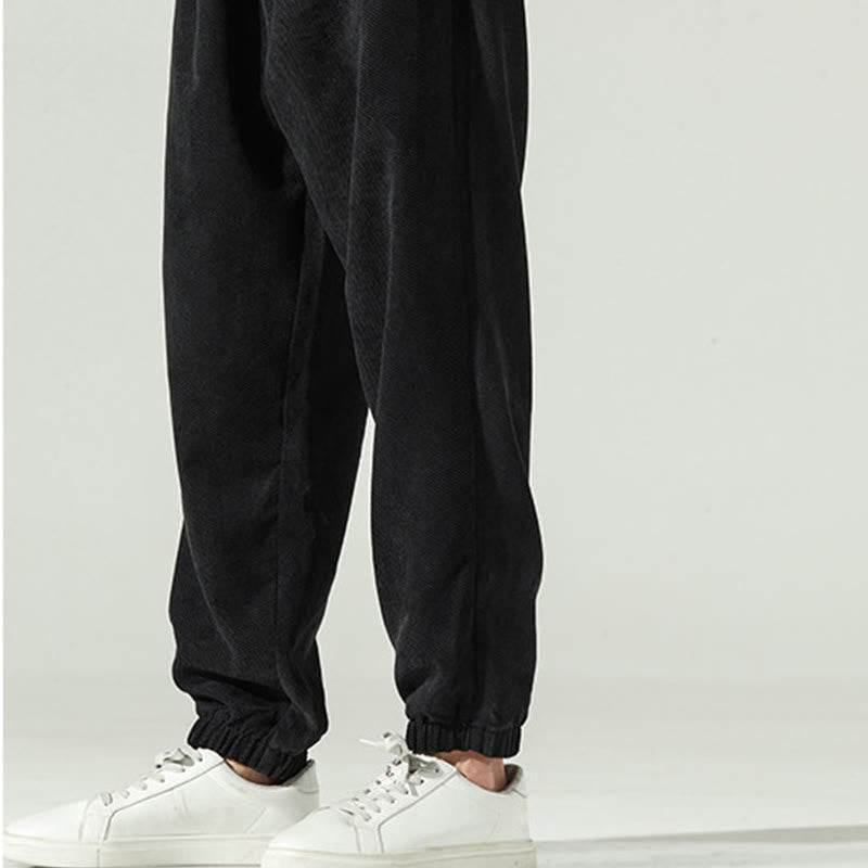 Buddha Stones Fall Plain Corduroy Embroidery Design Men's Harem Pants With Pockets