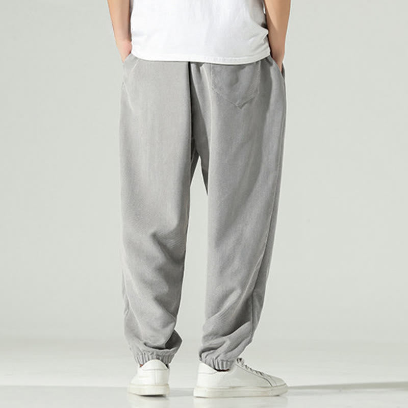 Buddha Stones Fall Plain Corduroy Embroidery Design Men's Harem Pants With Pockets