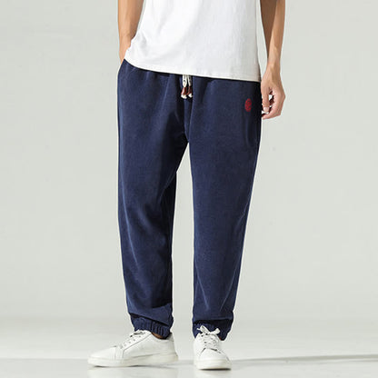 Buddha Stones Fall Plain Corduroy Embroidery Design Men's Harem Pants With Pockets
