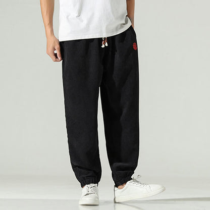 Buddha Stones Fall Plain Corduroy Embroidery Design Men's Harem Pants With Pockets
