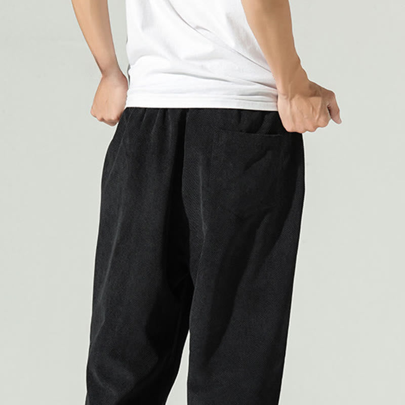 Buddha Stones Fall Plain Corduroy Embroidery Design Men's Harem Pants With Pockets