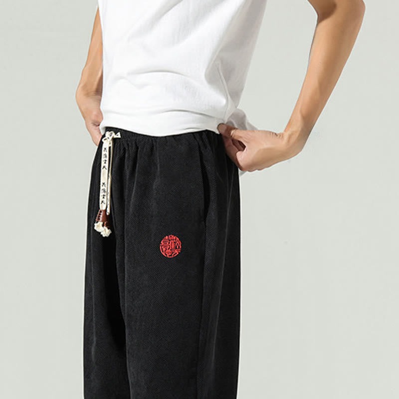 Buddha Stones Fall Plain Corduroy Embroidery Design Men's Harem Pants With Pockets