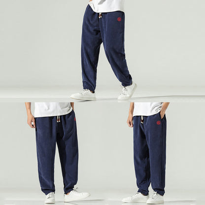 Buddha Stones Fall Plain Corduroy Embroidery Design Men's Harem Pants With Pockets