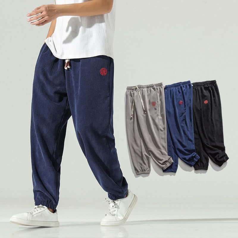 Buddha Stones Fall Plain Corduroy Embroidery Design Men's Harem Pants With Pockets