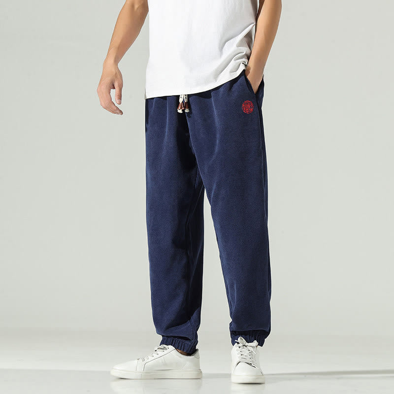 Buddha Stones Fall Plain Corduroy Embroidery Design Men's Harem Pants With Pockets