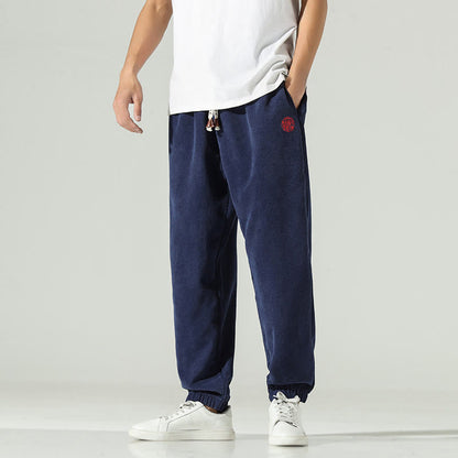 Buddha Stones Fall Plain Corduroy Embroidery Design Men's Harem Pants With Pockets