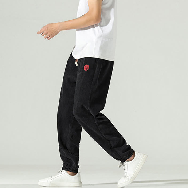 Buddha Stones Fall Plain Corduroy Embroidery Design Men's Harem Pants With Pockets