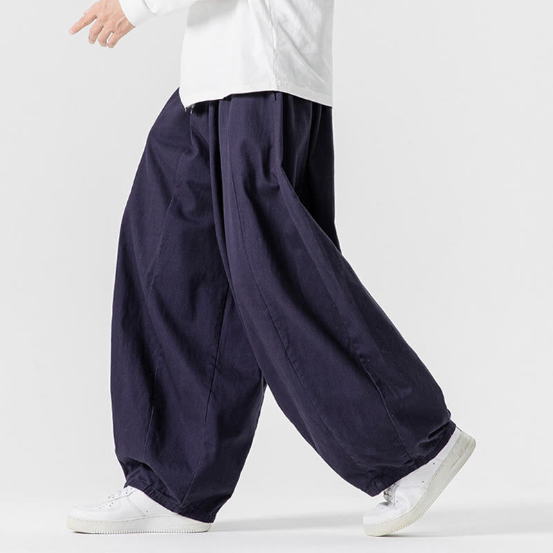 Buddha Stones Winter Commute Plain Drawstring Design Men's Wide Leg Cotton Pants With Pockets