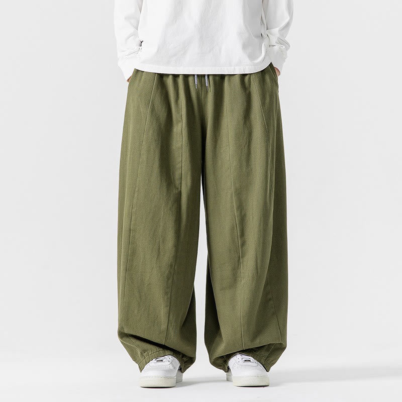 Buddha Stones Winter Commute Plain Drawstring Design Men's Wide Leg Cotton Pants With Pockets
