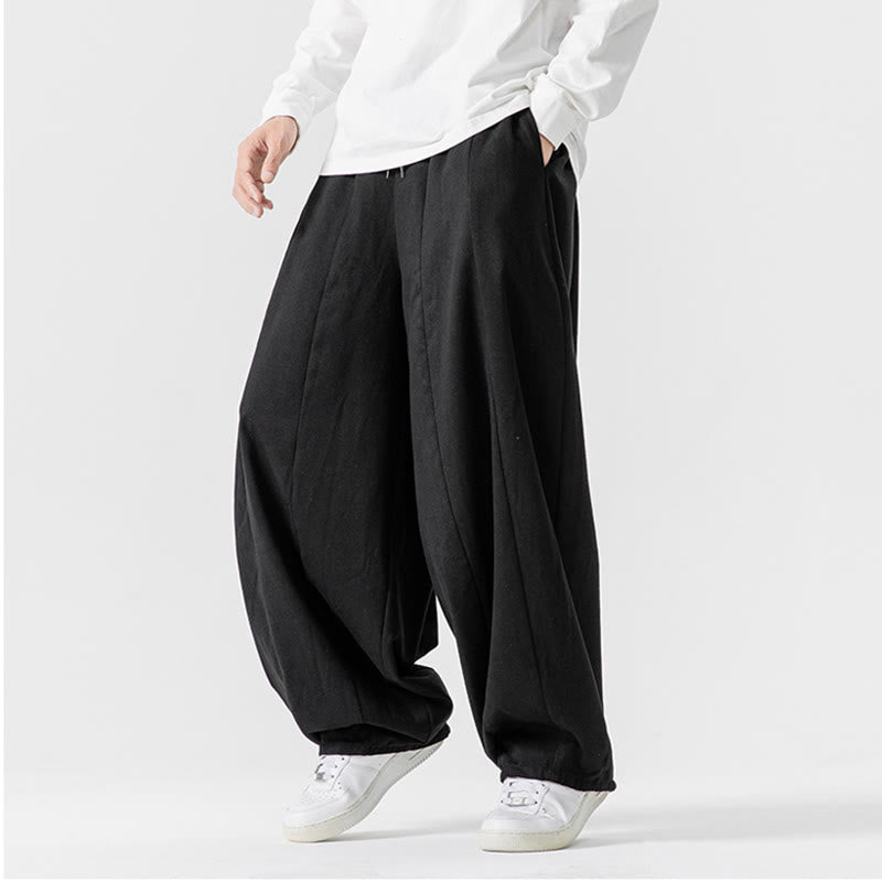 Buddha Stones Winter Commute Plain Drawstring Design Men's Wide Leg Cotton Pants With Pockets