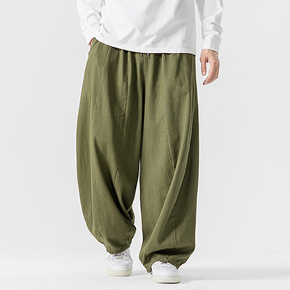 Buddha Stones Winter Commute Plain Drawstring Design Men's Wide Leg Cotton Pants With Pockets