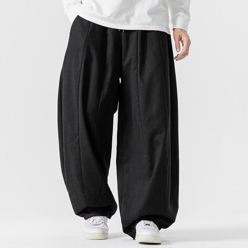 Buddha Stones Winter Commute Plain Drawstring Design Men's Wide Leg Cotton Pants With Pockets