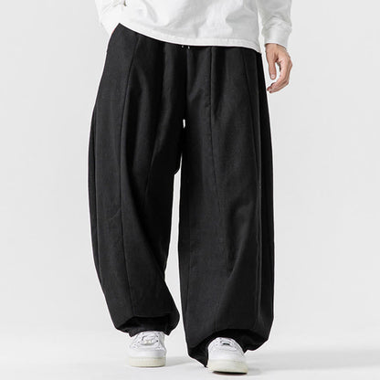 Buddha Stones Winter Commute Plain Drawstring Design Men's Wide Leg Cotton Pants With Pockets