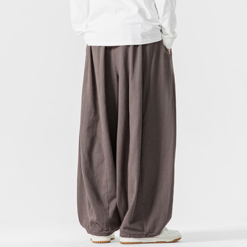 Buddha Stones Winter Commute Plain Drawstring Design Men's Wide Leg Cotton Pants With Pockets