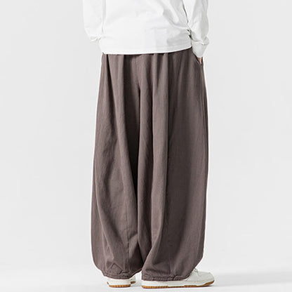 Buddha Stones Winter Commute Plain Drawstring Design Men's Wide Leg Cotton Pants With Pockets