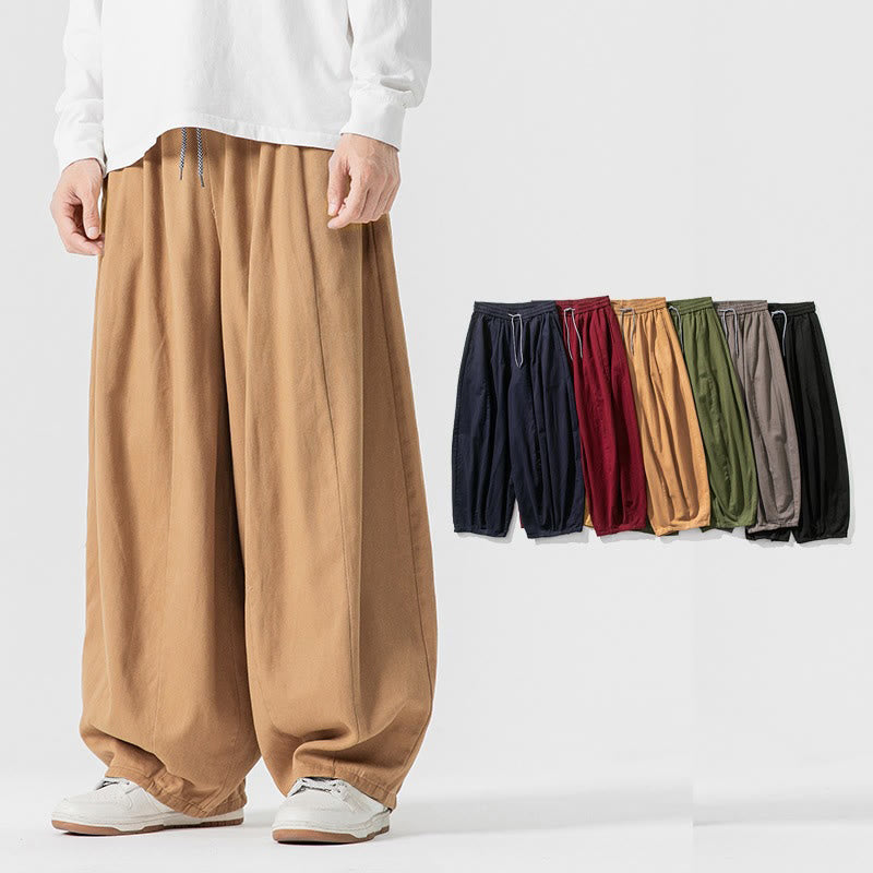 Buddha Stones Winter Commute Plain Drawstring Design Men's Wide Leg Cotton Pants With Pockets