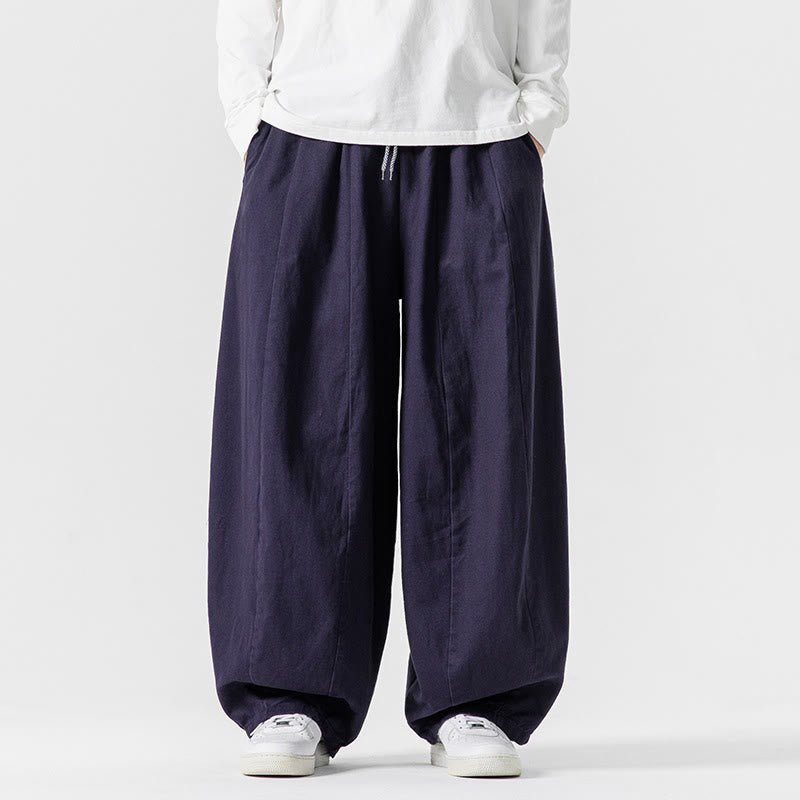 Buddha Stones Winter Commute Plain Drawstring Design Men's Wide Leg Cotton Pants With Pockets